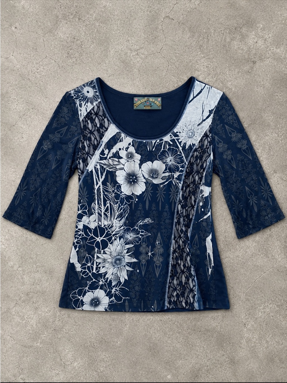 Y2K Vanilla Sugar Floral Patchwork Top Blue 3/4 Sleeve Artsy Boho Steetwear